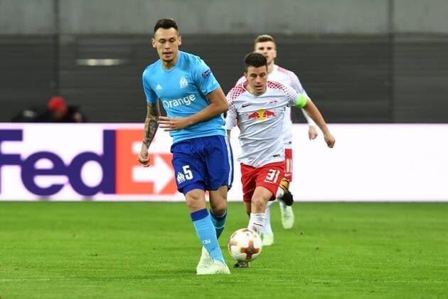 Fussball, Herren, Saison 2017 2018, Europa League (Viertelfinale, Hinspiel), RB Leipzig - Olympique Marseille, Lucas Ocampos (Nr. 5, Olympique Marseille), Diego Demme (Nr. 31, RB Leipzig), 05.04.2018, Copyright: xMatthiasxKochx