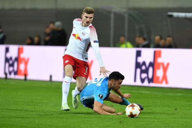 Fussball, Herren, Saison 2017 2018, Europa League (Viertelfinale, Hinspiel), RB Leipzig - Olympique Marseille, Timo Werner (Nr. 11, RB Leipzig), Morgan Sanson (Nr. 8, Olympique Marseille), 05.04.2018, Copyright: xMatthiasxKochx
