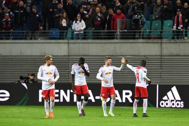 Fussball, Herren, Saison 2017 2018, Europa League (Viertelfinale, Hinspiel), RB Leipzig - Olympique Marseille, Jubel nach dem Tor zum 1:0 durch Timo Werner (Nr. 11, RB Leipzig), Emil Forsberg (Nr. 10, RB Leipzig), Dayot Upamecano (Nr. 5, RB Leipzig), Naby Keita (Nr. 8, RB Leipzig), 05.04.2018, Copyright: xMatthiasxKochx