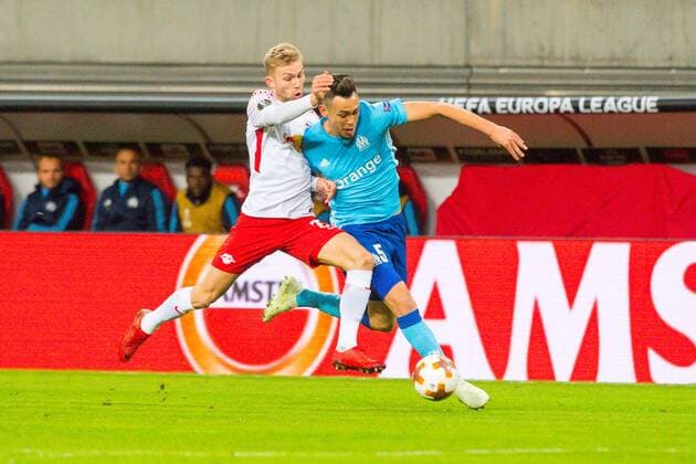 GER, Europa League, RB Leipzig vs. Olympique Marseille 05.04.2018, Red Bull Arena, Leipzig, GER, Europa League, RB Leipzig vs. Olympique Marseille, im Bild Konrad Laimer ( 27, RB Leipzig), Lucas Ocampos ( 5, Olympique Marseille),