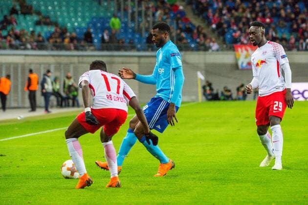 GER, Europa League, RB Leipzig vs. Olympique Marseille 05.04.2018, Red Bull Arena, Leipzig, GER, Europa League, RB Leipzig vs. Olympique Marseille, im Bild Bruma ( 17, RB Leipzig), Jean-Kevin Augustin ( 29, RB Leipzig), Andre Zambo Anguissa ( 29, Olympique Marseille),