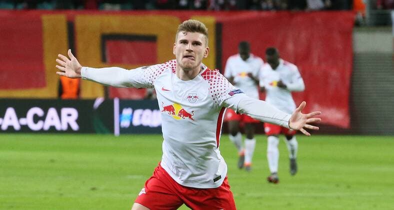 RB Leipzig - Marseille Fussball Euro League Leipzig, 05.04.2018, Red Bull Arena, Fussball, UEFA EURO EM Europameisterschaft Fussball League, Viertelfinale, Hinspiel , RB Leipzig vs. Olympique Marseille , Im Bild; Tor für RB Leipzig. Timo Werner (11, RB Leipzig) erzielt den Treffer zum 1:0 und jubelt. ,
