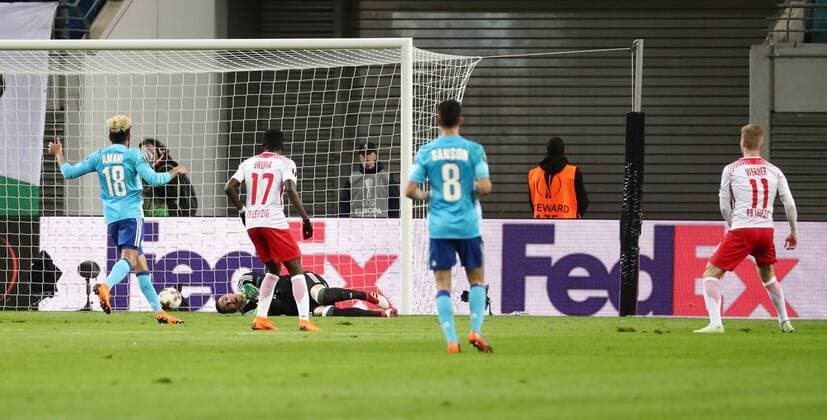 RB Leipzig - Marseille Fussball Euro League Leipzig, 05.04.2018, Red Bull Arena, Fussball, UEFA EURO EM Europameisterschaft Fussball League , Viertelfinale, RB Leipzig vs. Olympique de Marseille , Im Bild: Tor für Leipzig. Timo Werner (re., 11, Leipzig) trifft zum 1:0. ,