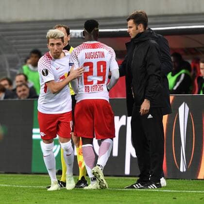 Fussball, Herren, Saison 2017 2018, Europa League (Viertelfinale, Hinspiel), RB Leipzig - Olympique Marseille, Kevin Kampl (Nr. 44, RB Leipzig), Jean-Kevin Augustin (Nr. 29, RB Leipzig), 05.04.2018, Copyright: xMatthiasxKochx