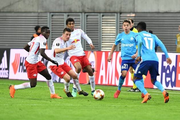 Fussball, Herren, Saison 2017 2018, Europa League (Viertelfinale, Hinspiel), RB Leipzig - Olympique Marseille, Bruma (Nr. 17, RB Leipzig), Diego Demme (Nr. 31, RB Leipzig), Bernardo (Nr. 3, RB Leipzig), Maxime Lopez (Nr. 27, Olympique Marseille), Bouna Sarr (Nr. 17, Olympique Marseille), 05.04.2018, Copyright: xMatthiasxKochx