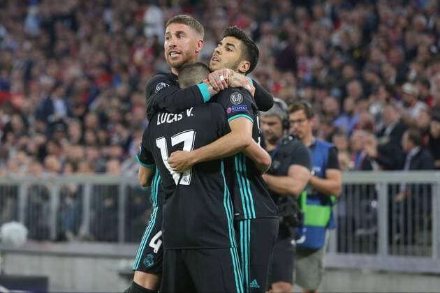 Sergio Ramos ( Real Madrid CF 4 ) Lucas Vazquez ( Real Madrid CF 17 ) Marco Asensio ( Real Madrid CF 20 ) nach dem 1:2, FC Bayern Muenchen vs. Real Madrid CF, Champions League, Halbfinale, Fussball, 25.04.2018, FC Bayern Muenchen vs. Real Madrid CF, Champions League, Halbfinale, Fussball, 25.04.2018 Muenchen Copyright: xLanger Eibner-Pressefotox EP_HLR