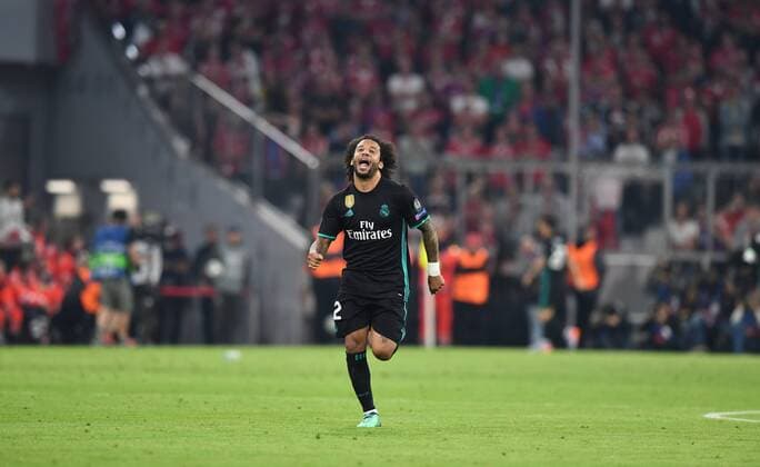 Fussball, Herren, Saison 2017 2018, Champions League, Halbfinale (Hinspiel), FC Bayern München - Real Madrid, Marcelo (12, Real Madrid), Jubel nach Tor zum 1:2, 25.04. 2018, Copyright: xMatthiasxKochx