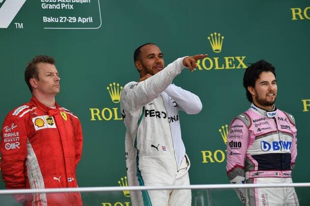 Podium, Kimi Raiikkoenen, Scuderia Ferrari, Lewis Hamilton; Mercedes Grand Prix, Sergio Perez, Sahara Force India F1, formula 1 GP, Baku Aserbaidschan 29.04.2018 Photo:mspb Jerry Andre Podium, Kimi Raiikkoenen, Lewis Hamilton; Sergio Perez, formula 1 GP, Aserbaidschan 2018