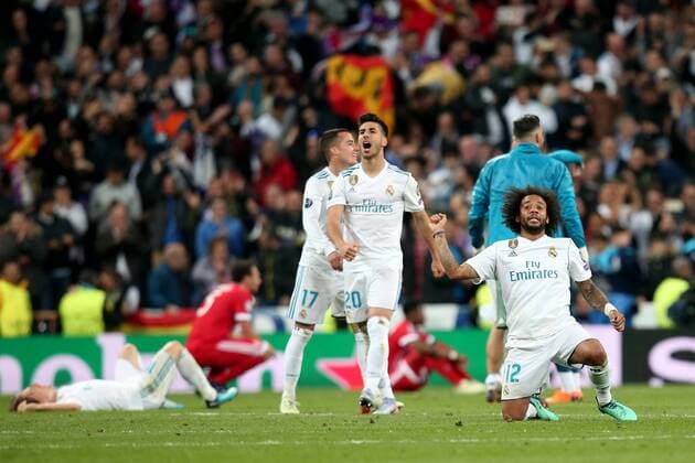 Marco Asensio ( Real Madrid CF 20 ) Marcelo ( Real Madrid CF 12 ) nach dem Weiterkommen, Real Madrid CF vs FC Bayern Muenchen, Champions League, Halbfinale, Fussball, 01.05.2018, Real Madrid CF vs FC Bayern Muenchen, Champions League, Halbfinale, Fussball, 01.05.2018 Madrid Copyright: xLanger Eibner-Pressefotox EP_HLR
