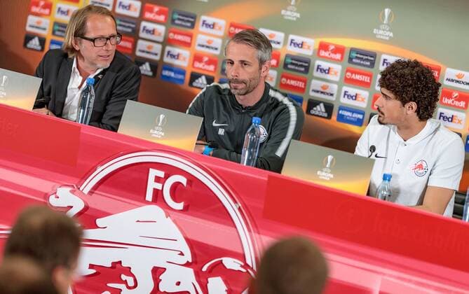 02.05.2018, Red Bull Arena, Salzburg, AUT, UEFA EL, FC Salzburg vs Olympique Marseille, Halbfinale, Rueckspiel, Pressekonferenz, im Bild Pressesprecher Christian Kircher, Trainer Marco Rose (FC Salzburg), Andre Ramalho (FC Salzburg) Pressoffice Christian Kircher, Coach Marco Rose (FC Salzburg), Andre Ramalho (FC Salzburg) during Pressconference before the UEFA Europa League Semifinal, 2nd Leg Match between FC Salzburg and Olympique Marseille at the Red Bull Arena in Salzburg, Austria on 2018 05 02. Salzburg