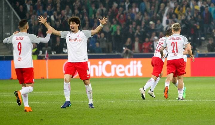 03.05.2018, Red Bull Arena, Salzburg, AUT, UEFA EL, FC Salzburg vs Olympique Marseille, Halbfinale, Rueckspiel, im Bild Jubel zum 2:0 durch Xaver Schlager (FC Salzburg) during the UEFA Europa League Semifinal, 2nd Leg Match between FC Salzburg and Olympique Marseille at the Red Bull Arena in Salzburg, Austria on 2018 05 03. Salzburg