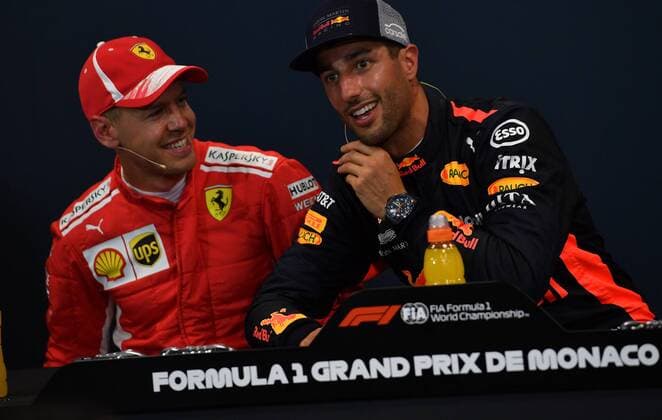 Formel 1, GP Monaco, Ricciardo im Qualifying vor Vettel und Hamilton Sebastian Vettel, Scuderia Ferrari, Daniel Ricciardo, Red Bull Racing, formula 1 GP, Monaco 26.05.2018 Photo:mspb Jerry Andre Sebastian Vettel, Daniel Ricciardo, formula 1 GP, Monaco 2018
