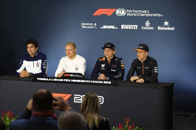 7th June 2018, Circuit Gilles-Villeneuve, Montreal, Canada; Canadian Formula One Grand Prix, driver arrivals and press conference PK Pressekonferenz Williams Martini Racing, Lance Stroll, Mercedes AMG Petronas Motorsport, Valtteri Bottas, Aston Martin Red Bull Racing TAG Heuer, Max Verstappen and McLaren, Stoffel Vandoorne ActionPlus12033575 Octane