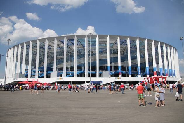 1 Jahr bis WM 2022: Historie, Stadien und Architektur June 24, 2018 - Nizhny Novgorod, Russia - June 24, 2018, Russia, Nizhny Novgorod, FIFA World Cup WM Weltmeisterschaft Fussball 2018, First round, Group, Second round. Football match of England - Panama at the stadium Nizhny Novgorod. Champions; fans; fans; from England; The English; spectators. World Cup 2018, England VS Panama - Nizhny Novgorod - ZUMAl75_ 20180624_zaf_l75_502 Copyright: xMaksimxKonstantinovx