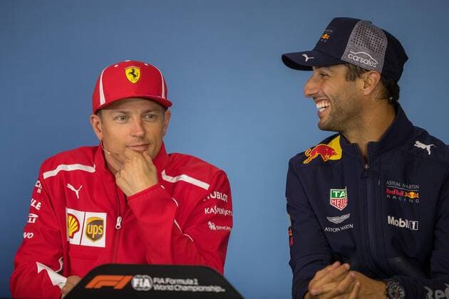28.06.2018, Red Bull Ring, Spielberg, AUT, FIA, Formel 1, Grosser Preis von Oesterreich, Vorberichte, im Bild Kimi Raeikkoenen (FIN, Scuderia Ferrari), Daniel Ricciardo (AUS, Red Bull Racing) Finnish Formula One driver Kimi Raeikkoenen of Scuderia Ferrari Australian Formula One drive Daniel Ricciardo of Red Bull Racing during preparations of the Austrian FIA Formula One Grand Prix at the Red Bull Ring in Spielberg, France on 2018 06 28. Spielberg