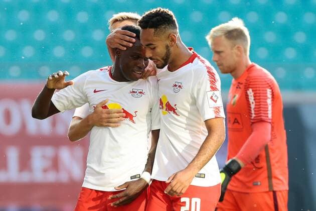 26.07.2018, xtgx, Fussball Europa League Qualifikation 2.Runde, RB Leipzig - BK Haecken emspor, v.l. Bruma (Leipzig, 17), Mateus Cunha (Leipzig, 20) Jubel, Torjubel, jubelt über das Tor, celebrate the goal, celebration Leipzig