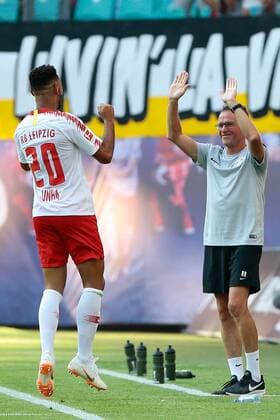 26.07.2018, xtgx, Fussball Europa League Qualifikation 2.Runde, RB Leipzig - BK Haecken emspor, v.l. nach Tor zum 2:0, Mateus Cunha (Leipzig, 20) und Ralf Rangnick (Leipzig, Trainer) Jubel, Torjubel, jubelt über das Tor, celebrate the goal, celebration Leipzig