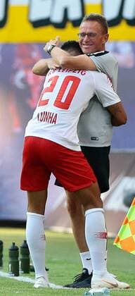 26.07.2018, xtgx, Fussball Europa League Qualifikation 2.Runde, RB Leipzig - BK Haecken emspor, v.l. nach Tor zum 2:0, Mateus Cunha (Leipzig, 20) und Ralf Rangnick (Leipzig, Trainer) Jubel, Torjubel, jubelt über das Tor, celebrate the goal, celebration Leipzig