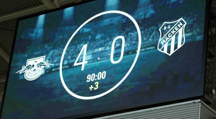 RB Leipzig - BK Haecken Fussball Euro League Quali Leipzig, 26.07.2018, Red Bull Arena, Fussball, UEFA EURO EM Europameisterschaft Fussball League , Qualifikation, 2.Runde, Hinspiel, RB Leipzig vs. BK Häcken 4:0 (2:0) , Im Bild; Der Endstand des Spieles an der Anzeigetafel. ,