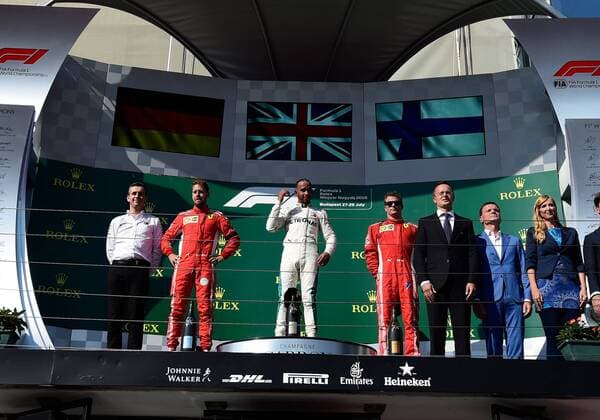 Podium, Sebastian Vettel, Lewis Hamilton, Kimi Raiikkoenen, formula 1 GP, Ungarn in Budapest, 29.07.2018 Photo:mspb Jerry Andre Podium, Sebastian Vettel, Lewis Hamilton, Kimi Raikkoenen, formula 1 GP, Ungarn 2018