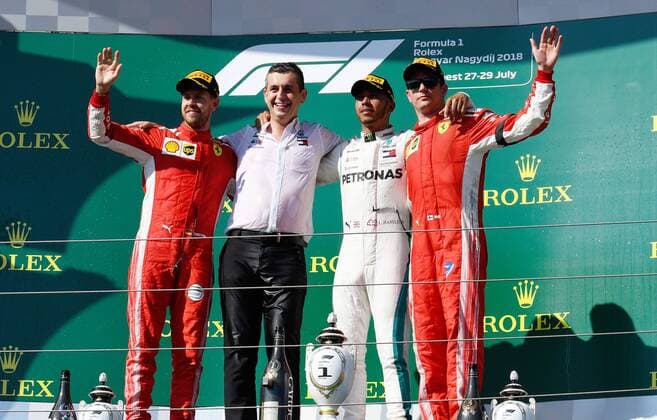Podium, Sebastian Vettel, Lewis Hamilton; Kimi Raiikkoenen, Scuderia Ferrari, formula 1 GP, Ungarn in Budapest, 29.07.2018 Photo:mspb Lukas Gorys Podium, Sebastian Vettel, Lewis Hamilton; Kimi Raikkoenen, formula 1 GP, Ungarn 2018