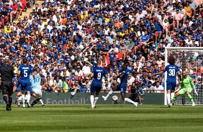 Sergio Aguero of Manchester City scores his 1st goal during the 2018 FA Community Shield match between Chelsea and Manchester City at Wembley Stadium, London, England on 5 August 2018. Copyright: xLiamxMcAvoyx 20580112