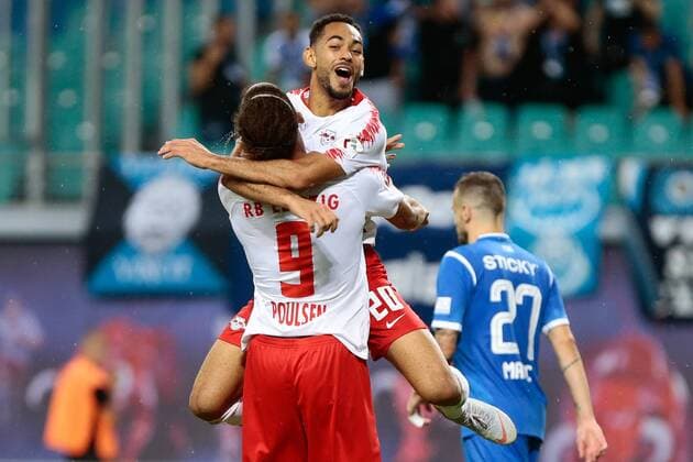 09.08.2018, xtgx, Fussball Europa League 3. Qualirunde, RB Leipzig - CS Universitatea Craiova emspor, v.l. Yussuf Poulsen (Leipzig, 9),. Mateus Cunha (Leipzig, 20) Jubel, Torjubel, jubelt über das Tor, celebrate the goal, celebration Leipzig