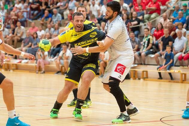 14 Simon Baumgarten (TVB 1898 Stuttgart), 11 Nicolas Tournat (HBC Nantes), HBC Nantes vs. TVB 1898 Stuttgart, Sparkassencup 2018, Handball, Herren, 1.Bundesliga, Ligue Nationale de Handball, 11.08.2018, GER, Sparkassen-Cup 2018, Ehingen, Handball, 11.08.2018 Ehingen Copyright: xEIBNER Michael_Schmidtx EP_MST