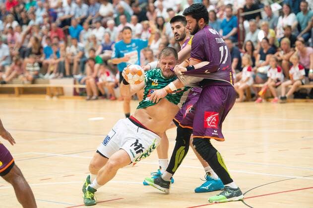 44 Kresimir Kozina (Frisch Auf Göppingen), 11 Nicolas Tournat (HBC Nantes), HBC Nantes vs. Frisch Auf! Göppingen, Sparkassencup 2018, Handball, Herren, 1.Bundesliga, Ligue Nationale de Handball, 12.08.2018, Sparkassen-Cup Ehingen 2018, 12.08.2018 Ehingen Copyright: xEIBNER Michael_Schmidtx EP_MST