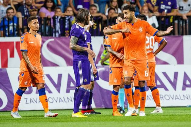 16.08.2018, Ljudski Vrt, Maribor, SLO, UEFA EL, NK Maribor vs Glasgow Rangers, Qualifikation, 3. Runde, Rueckspiel, im Bild Connor Goldson of FC Rangers and Marko Suler of NK Maribor during the UEFA Europa League qualifier 3rd round, 2nd leg match between LASK and Glasgow Rangers at the Ljudski Vrt in Maribor, Slovenia on 2018 08 16. Maribor