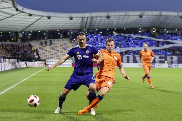 16.08.2018, Ljudski Vrt, Maribor, SLO, UEFA EL, NK Maribor vs Glasgow Rangers, Qualifikation, 3. Runde, Rueckspiel, im Bild Denis Klinar of NK Maribor and Andrew Halliday of FC Rangers during the UEFA Europa League qualifier 3rd round, 2nd leg match between LASK and Glasgow Rangers at the Ljudski Vrt in Maribor, Slovenia on 2018 08 16. Maribor