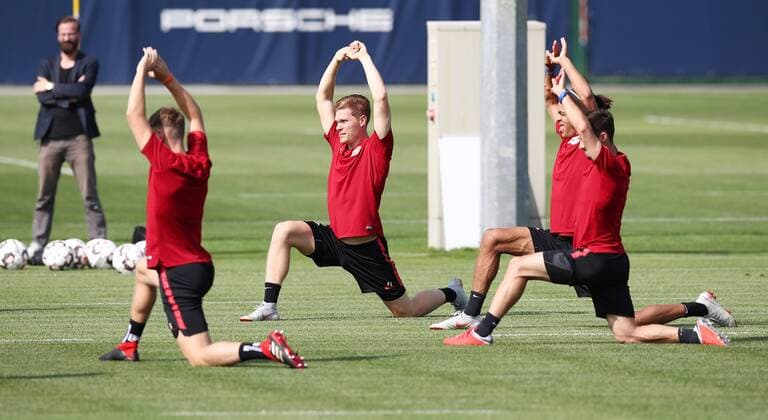 RB Leipzig - Training Euro League Quali Leipzig, 29.08.2018, RBL Trainingszentrum, Fussball, GER , Qualifikation zur UEFA Europa League, Play off , RB LEIPZIG - Training am Vortag des Rückpiels gegen Sorja Luhansk. , Im Bild v.l.: Niclas Stierlin, Marcel Halstenberg, Yussuf Poulsen und Massimo Bruno (alle RB Leipzig). ,