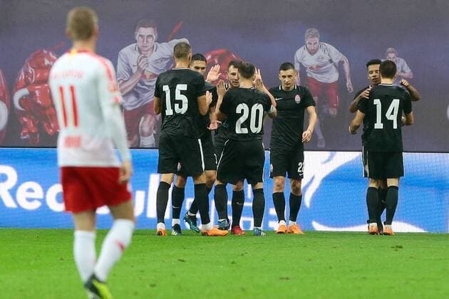 30.08.2018, xtgx, Fussball Europa League Quali, RB Leipzig - Sorja Luhansk emspor, v.l. Rafael Ratao (Luhansk, 21) Jubel, Torjubel, jubelt über das Tor, celebrate the goal, celebration; Timo Werner (Leipzig, 11) enttäuscht, schaut enttäuscht, niedergeschlagen, disappointed (DFL DFB REGULATIONS PROHIBIT ANY USE OF PHOTOGRAPHS as IMAGE SEQUENCES and or QUASI-VIDEO) Leipzig