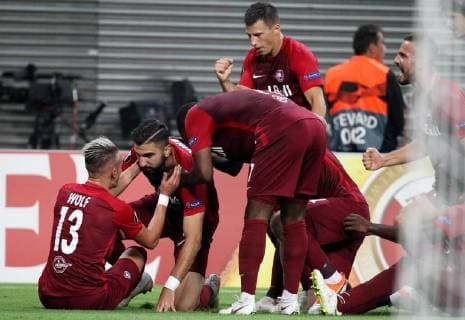 GER, Europa League, Gruppen B, RasenBallsport Leipzig vs Besiktas Istanbul 20.09.18 , Leipzig, Red Bull Arena, GER, Saison 2018 2019, UEFA Europa League, Gruppe B, 1.Spieltag von 6 RasenBallsport Leipzig vs FC Red Bull Salzburg im Bild Torjubel Salzburg nach dem Tor zum 0:1 durch Munas Dabbur DFL regulations prohibit any use of photographs as image sequences and or quasi-video