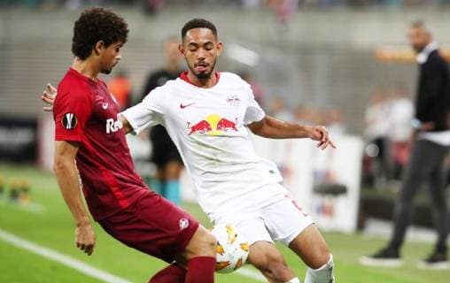 RB Leipzig - Salzburg Fussball Euro League Leipzig, 20.09.2018, Red Bull Arena, Fussball, UEFA Europa League , RB Leipzig (GER) vs. FC Salzburg (AUT) , Im Bild v.l.: AndrŽ Ramalho (15, Salzburg) und Matheus Cunha (20, RB Leipzig). , UEFA Êregulations prohibit any use of photographs as image sequences and or quasi-video. ,