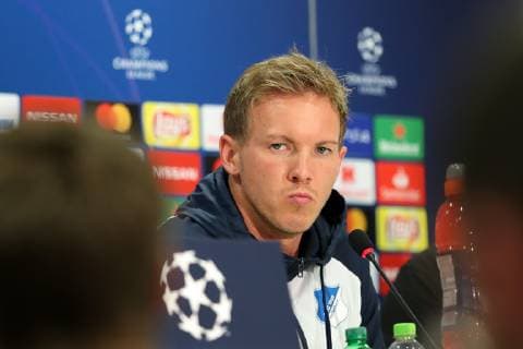 Julian Nagelsmann (Trainer, Cheftrainer, Hoffenheim), Einzelbild, Aktion, Action, Porträt, Portrait, bei der Pressekonferenz, PK, press conference PK Pressekonferenz Pressetermin, Medientermin, enttäuscht schauend, Enttäuschung, Frustration, disappointed, pessimistisch, Fussball, UEFA Champions League, Pressekonferenz TSG 1899 Hoffenheim,