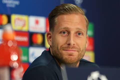 Oliver Baumann (Torwart, Hoffenheim, 1), Einzelbild, Aktion, Action, Porträt, Portrait, bei der Pressekonferenz, PK, press conference PK Pressekonferenz Pressetermin, Medientermin, Freude, freundlich, fröhlich, strahlend, optimistisch, Fussball, UEFA Champions League, Pressekonferenz TSG 1899 Hoffenheim,