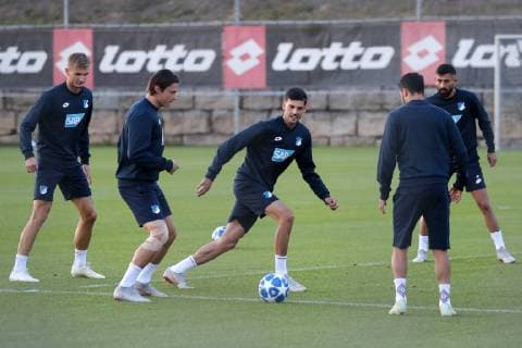 v.li.: Stefan Posch (Hoffenheim, 38), Nico Schulz (Hoffenheim, 16), Florian Grillitsch (Hoffenheim, 11), Leonardo Jesus Loureiro Bittencourt (Leo Bittencourt, Hoffenheim, 13), Kerem Demirbay (Hoffenheim, 10), Trainingsspiel, beim Training, Fussball, UEFA Champions League, Abschlusstraining TSG 1899 Hoffenheim,