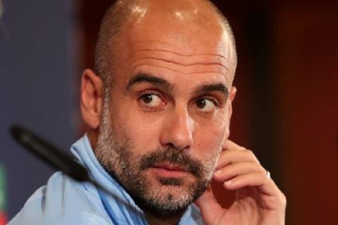 Josep Guardiola i Sala (Pep Guardiola, Trainer, Cheftrainer, ManCity), Einzelbild, Aktion, Action, Porträt, Portrait, bei der Pressekonferenz, PK, press conference PK Pressekonferenz Pressetermin, Medientermin, Fussball, UEFA Champions League, Pressekonferenz Manchester City FC,