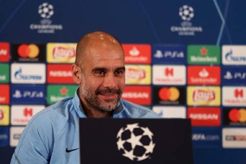 Josep Guardiola i Sala (Pep Guardiola, Trainer, Cheftrainer, ManCity), Einzelbild, Aktion, Action, Porträt, Portrait, bei der Pressekonferenz, PK, press conference PK Pressekonferenz Pressetermin, Medientermin, Freude, freundlich, fröhlich, strahlend, optimistisch, Fussball, UEFA Champions League, Pressekonferenz Manchester City FC,