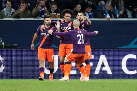 v.li.: Torschütze Sergio Agüero (ManCity, 10), Leroy Sane (ManCity, 19), Ilkay Gündogan (ManCity, 8), David Josue Jimenez Silva (ManCity, 21), jubeln über das Tor zum 1:1, Jubel, Torjubel, Torerfolg, celebrate the goal, goal, celebration, Jubel ueber das Tor, optimistisch, Action, Aktion, Fussball, UEFA Champions League, TSG 1899 Hoffenheim - Manchester City FC,