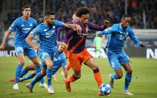 Kerem DERIMBAY (10, 1899 Hoffenheim), Leroy Sane (19, Manchester City), Joshua BRENET (2, 1899 Hoffenheim), UEFA Champions League, TSG 1899 Hoffenheim vs. Manchester City, Groupe F, Matchday 2, October, 02 2018, Wirsol Rhein Neckar Arena, Germany, YmdY, ** DFL DFL regulations prohibit any use of photographs as image sequences and or quasi-video. ** TSG 1899 Hoffenheim - Manchester City