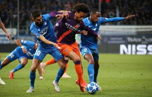 Kerem DERIMBAY (10, 1899 Hoffenheim), Leroy Sane (19, Manchester City), Joshua BRENET (2, 1899 Hoffenheim), UEFA Champions League, TSG 1899 Hoffenheim vs. Manchester City, Groupe F, Matchday 2, October, 02 2018, Wirsol Rhein Neckar Arena, Germany, YmdY, ** DFL DFL regulations prohibit any use of photographs as image sequences and or quasi-video. ** TSG 1899 Hoffenheim - Manchester City