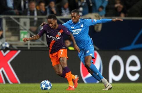 Raheem Sterling (7, Manchester City), Joshua BRENET (2, 1899 Hoffenheim) UEFA Champions League, TSG 1899 Hoffenheim vs. Manchester City, Groupe F, Matchday 2, October, 02 2018, Wirsol Rhein Neckar Arena, Germany, YmdY, ** DFL DFL regulations prohibit any use of photographs as image sequences and or quasi-video. ** TSG 1899 Hoffenheim - Manchester City