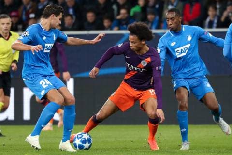 v.li.: Justin Hoogma (Hoffenheim, 24) Leroy Sane (ManCity, 19), Joshua Brenet (Hoffenheim, 2), Aktion, Action, Spielszene, Fussball, UEFA Champions League, TSG 1899 Hoffenheim - Manchester City FC,
