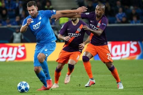 v.li.: Adam Szalai (Hoffenheim, 28), Ilkay Gündogan (ManCity, 8), Fernando Luis Roza (Fernandinho, ManCity, 25), Zweikampf, Spielszene, Duell, duel, tackle, tackling, Dynamik, Action, Aktion, Fussball, UEFA Champions League, TSG 1899 Hoffenheim - Manchester City FC,