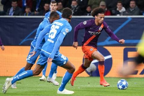 v.li.: Joshua Brenet (Hoffenheim, 2), Kevin Akpoguma (Hoffenheim, 25), Leroy Sane (ManCity, 19), Aktion, Action, Spielszene, Fussball, UEFA Champions League, TSG 1899 Hoffenheim - Manchester City FC,