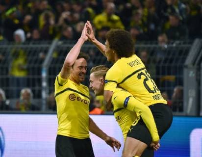 03.10.2018, Fussball, UEFA Champions League, Saison 2018 2019, Vorrunde, 2. Spieltag, Borussia Dortmund - AS Monaco 3:0, Jubel v.li., Thomas Delaney (Borussia Dortmund), Jacob Bruun Larsen (Borussia Dortmund), Axel Witsel (Borussia Dortmund)