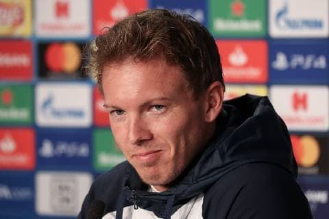 Julian Nagelsmann (Trainer, Cheftrainer, Hoffenheim), Einzelbild, Aktion, Action, Porträt, Portrait, bei der Pressekonferenz, PK, press conference PK Pressekonferenz Pressetermin, Medientermin, Freude, freundlich, fröhlich, strahlend, optimistisch, Fussball, UEFA Champions League, Pressekonferenz TSG 1899 Hoffenheim,