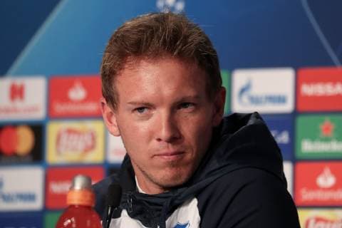 Julian Nagelsmann (Trainer, Cheftrainer, Hoffenheim), Einzelbild, Aktion, Action, bei der Pressekonferenz, PK, press conference PK Pressekonferenz Pressetermin, Medientermin, Porträt, Portrait, Fussball, UEFA Champions League, Pressekonferenz TSG 1899 Hoffenheim,